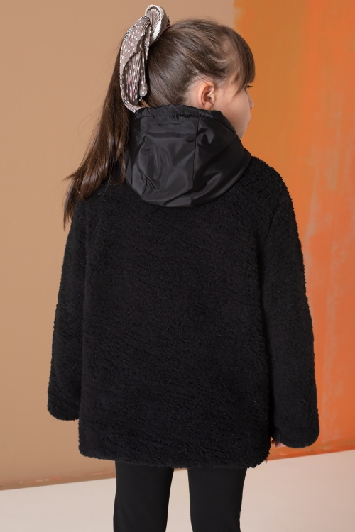 Siyah Kanguru Cepli Kapüşonlu Kız Çocuk Peluş Hırka 19673