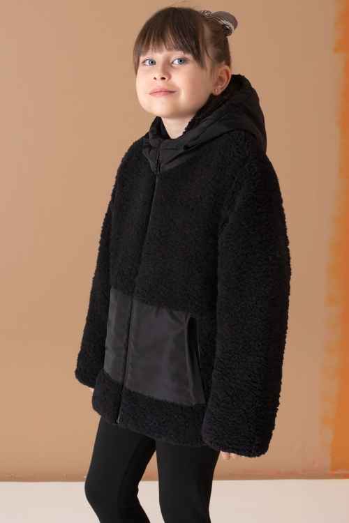 Siyah Kanguru Cepli Kapüşonlu Kız Çocuk Peluş Hırka 19673