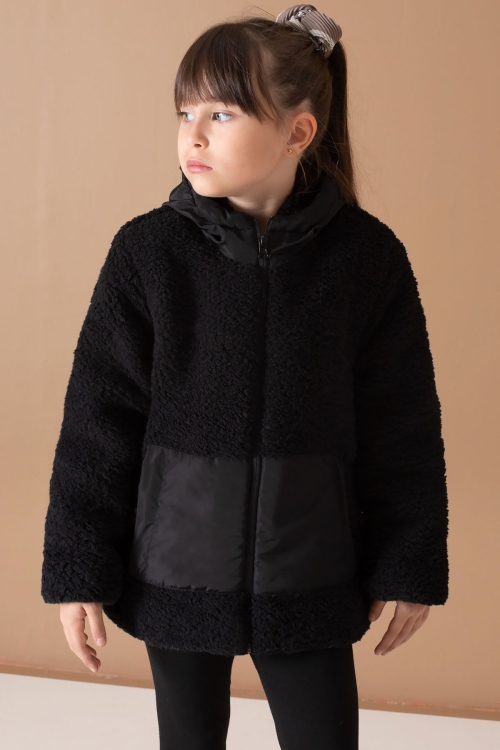 Siyah Kanguru Cepli Kapüşonlu Kız Çocuk Peluş Hırka 19673