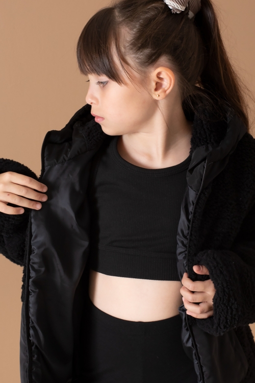 Siyah Kanguru Cepli Kapüşonlu Kız Çocuk Peluş Hırka 19673