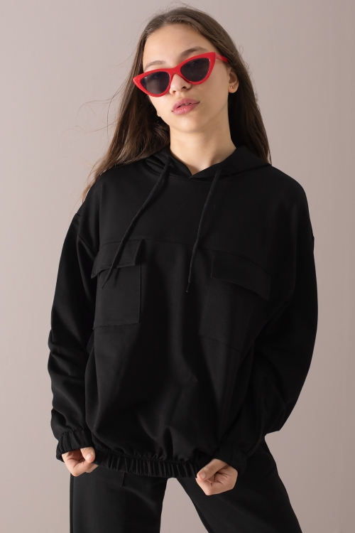 Siyah Kapaklı Cepli Kapüşonlu Kız Çocuk Eşofman Takımı 19781