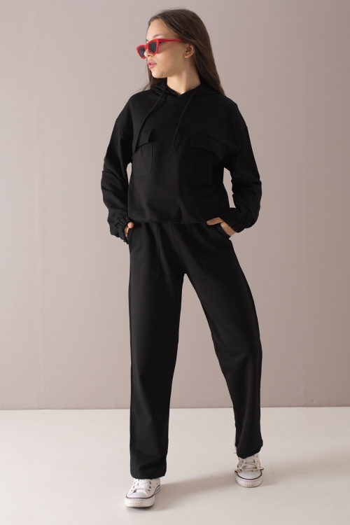 Siyah Kapaklı Cepli Kapüşonlu Kız Çocuk Eşofman Takımı 19781