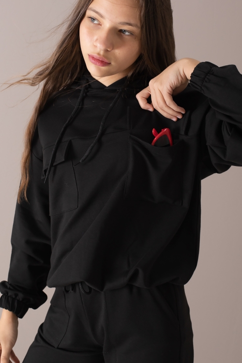 Siyah Kapaklı Cepli Kapüşonlu Kız Çocuk Eşofman Takımı 19781