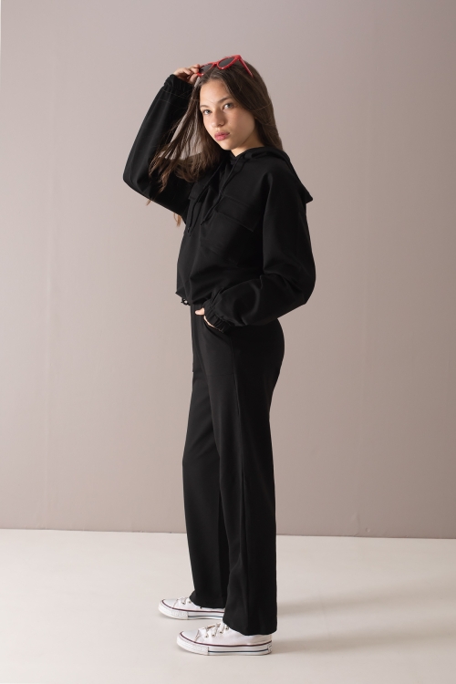 Siyah Kapaklı Cepli Kapüşonlu Kız Çocuk Eşofman Takımı 19781