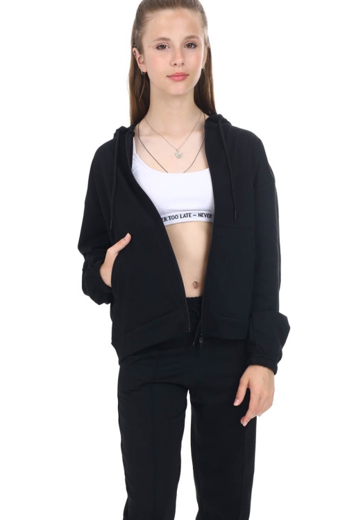 Siyah Kapşonlu Hırkalı Kız Eşofman Takımı 16526