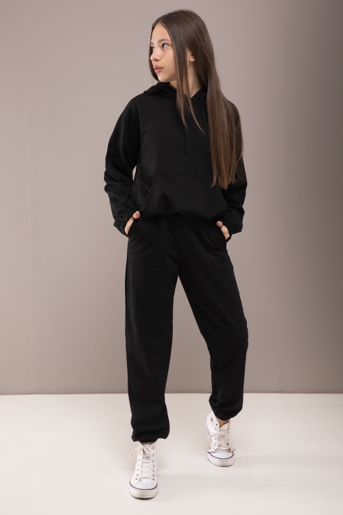 Siyah Kapüşonlu Beli Lastikli Kız Çocuk Basic Eşofman Takımı 19750