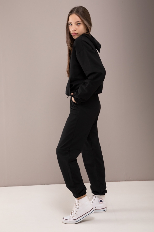 Siyah Kapüşonlu Beli Lastikli Kız Çocuk Basic Eşofman Takımı 19750
