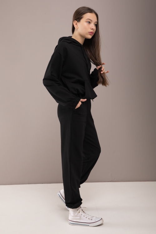 Siyah Kapüşonlu Beli Lastikli Kız Çocuk Basic Eşofman Takımı 19750