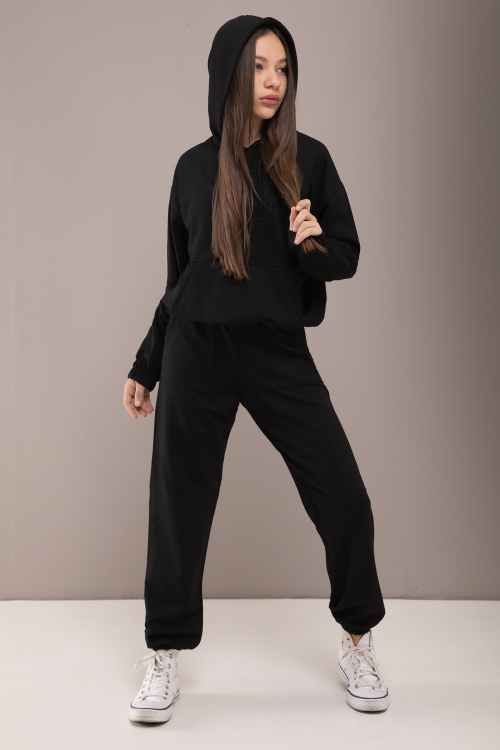 Siyah Kapüşonlu Beli Lastikli Kız Çocuk Basic Eşofman Takımı 19750