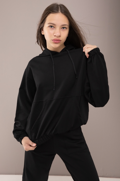 Siyah Kapüşonlu Beli Lastikli Kız Çocuk Basic Eşofman Takımı 19750