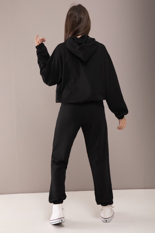 Siyah Kapüşonlu Beli Lastikli Kız Çocuk Basic Eşofman Takımı 19750