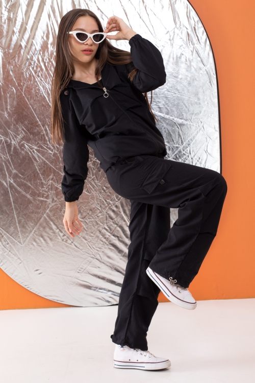 Siyah Kapüşonlu Hırkalı Kız Çocuk Paraşüt Eşofman Takımı 19530