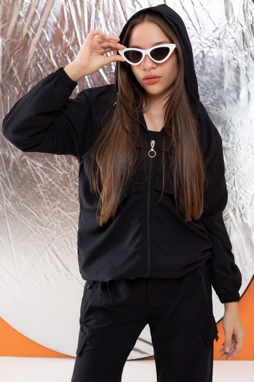 Siyah Kapüşonlu Hırkalı Kız Çocuk Paraşüt Eşofman Takımı 19530