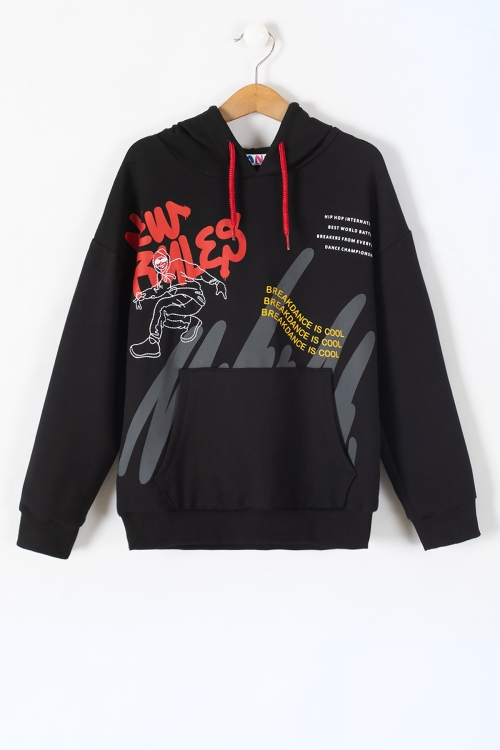 Siyah Kaykaycı Nakışlı Yazılı Erkek Çocuk Kapüşonlu Sweatshirt 19638