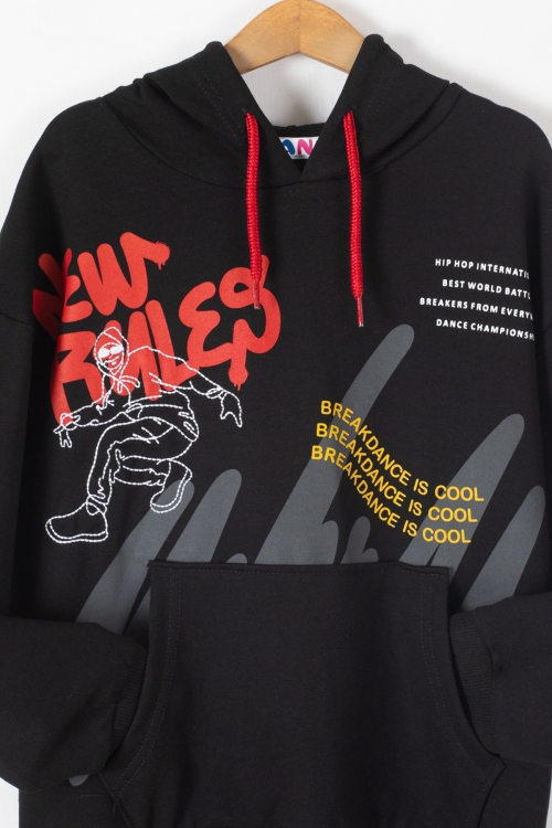 Siyah Kaykaycı Nakışlı Yazılı Erkek Çocuk Kapüşonlu Sweatshirt 19638