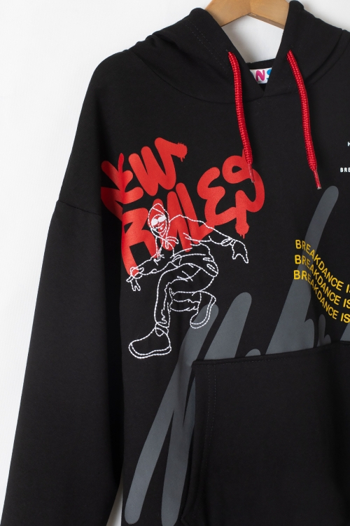 Siyah Kaykaycı Nakışlı Yazılı Erkek Çocuk Kapüşonlu Sweatshirt 19638