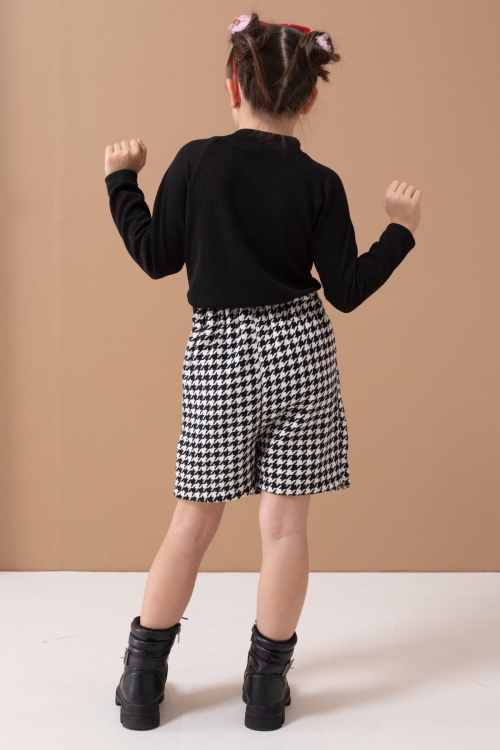 Siyah Kazayağı Desenli Şort Etekli Badili Kız Çocuk Takım 19558