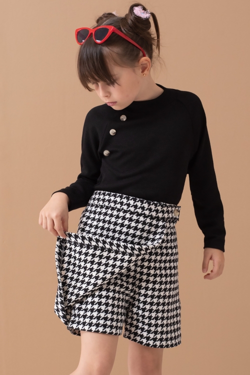 Siyah Kazayağı Desenli Şort Etekli Badili Kız Çocuk Takım 19558