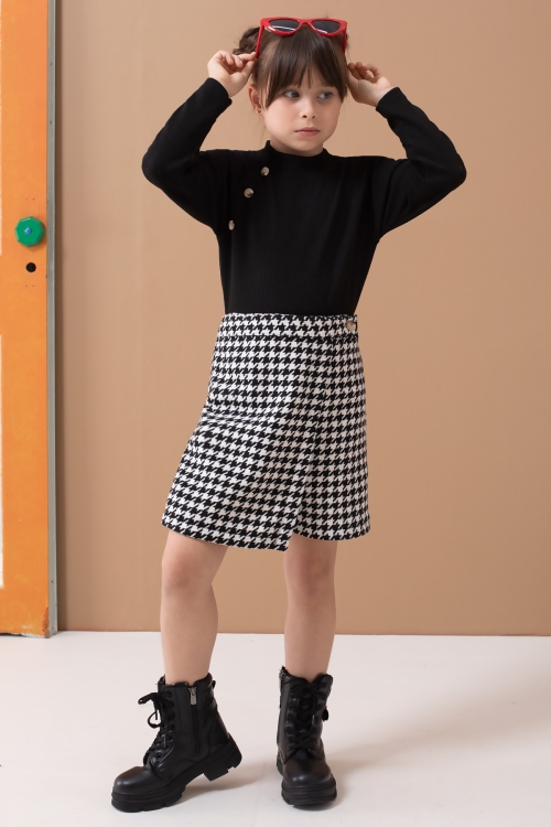 Siyah Kazayağı Desenli Şort Etekli Badili Kız Çocuk Takım 19558