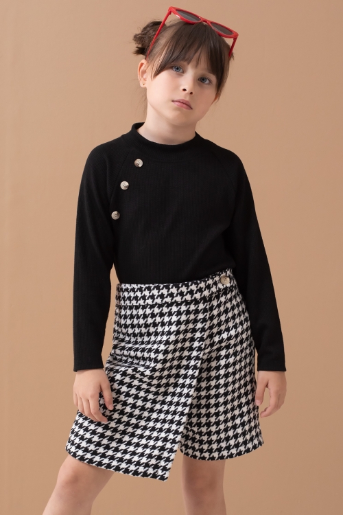 Siyah Kazayağı Desenli Şort Etekli Badili Kız Çocuk Takım 19558