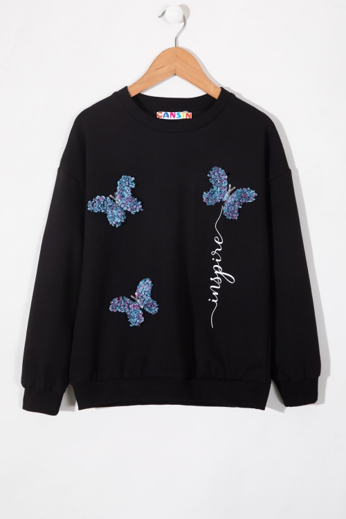 Siyah Kelebek İşlemeli Bisiklet Yaka Kız Çocuk Sweatshirt 19657