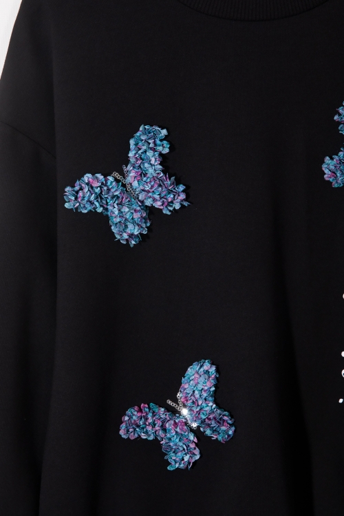 Siyah Kelebek İşlemeli Bisiklet Yaka Kız Çocuk Sweatshirt 19657