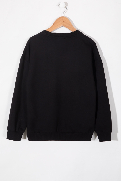 Siyah Kelebek İşlemeli Bisiklet Yaka Kız Çocuk Sweatshirt 19657