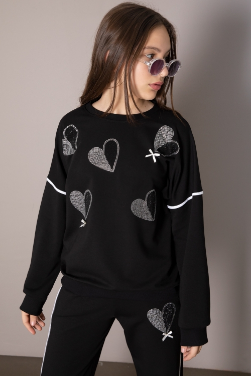 Siyah Kız Çocuk Kalp Desenli 2li Takım 19848