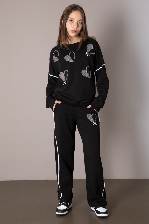Siyah Kız Çocuk Kalp Desenli 2li Takım 19848