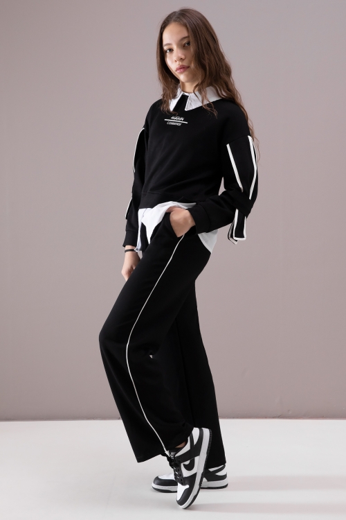 Siyah Kol Detaylı Badili Gömlekli Kız Çocuk Pantolonlu 3lü Takım 19877