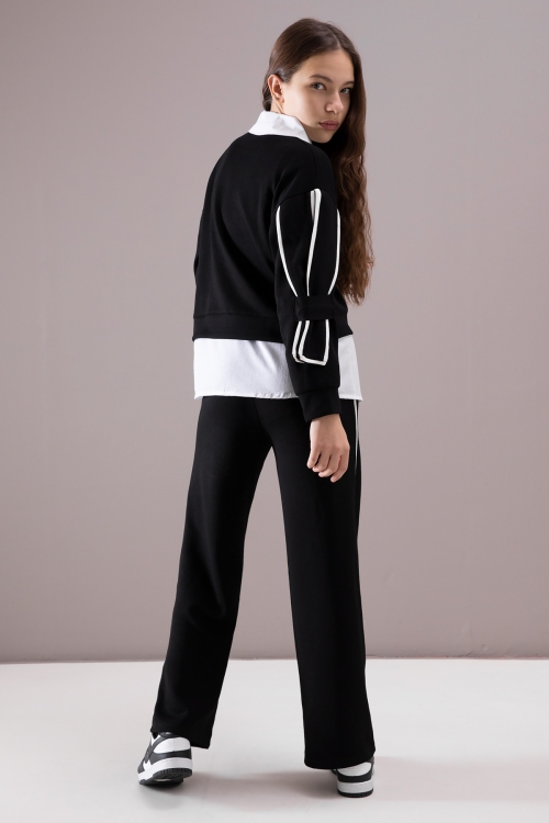 Siyah Kol Detaylı Badili Gömlekli Kız Çocuk Pantolonlu 3lü Takım 19877