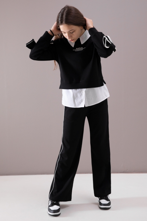 Siyah Kol Detaylı Badili Gömlekli Kız Çocuk Pantolonlu 3lü Takım 19877