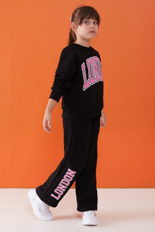 Siyah London Baskılı Şardonlu Kız Çocuk Eşofman Takımı 19522