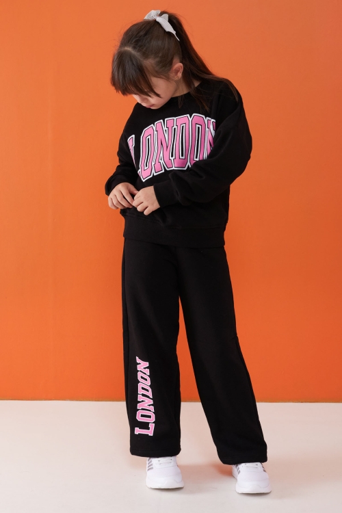 Siyah London Baskılı Şardonlu Kız Çocuk Eşofman Takımı 19522