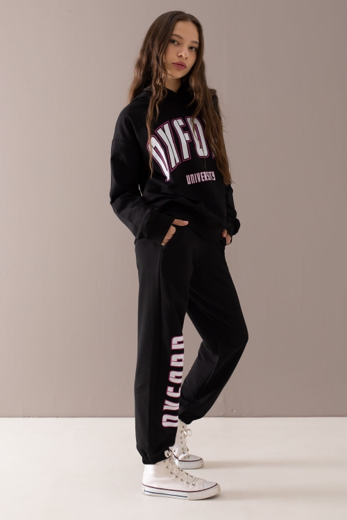 Siyah Oxford Baskılı Kapüşonlu Kız Çocuk Eşofman Takımı 19754