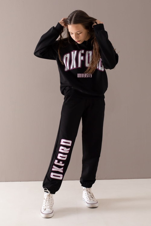 Siyah Oxford Baskılı Kapüşonlu Kız Çocuk Eşofman Takımı 19754