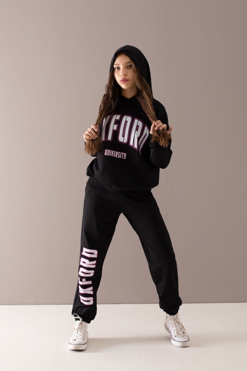 Siyah Oxford Baskılı Kapüşonlu Kız Çocuk Eşofman Takımı 19754