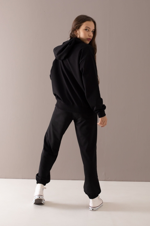 Siyah Oxford Baskılı Kapüşonlu Kız Çocuk Eşofman Takımı 19754