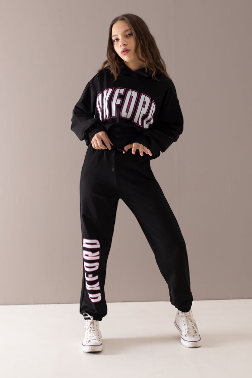 Siyah Oxford Baskılı Kapüşonlu Kız Çocuk Eşofman Takımı 19754