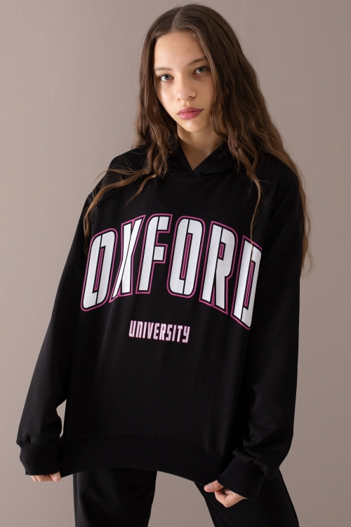 Siyah Oxford Baskılı Kapüşonlu Kız Çocuk Eşofman Takımı 19754