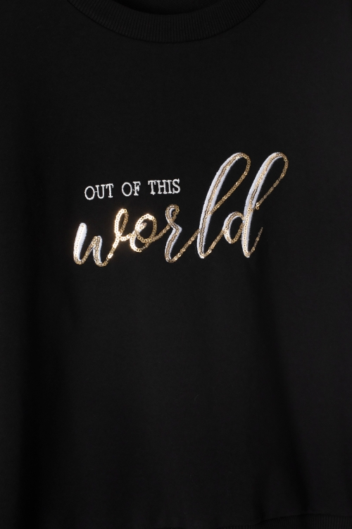 Siyah Payetli Yazılı Bisiklet Yaka Kız Uzun Kol Sweatshirt 19667