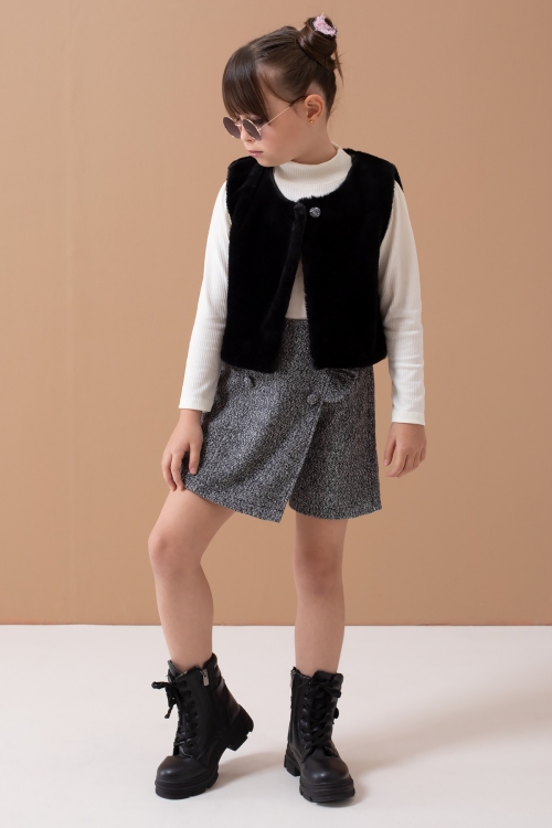 Siyah Peluş Yelekli Badili Kız Çocuk Şort Etekli Takım 19556