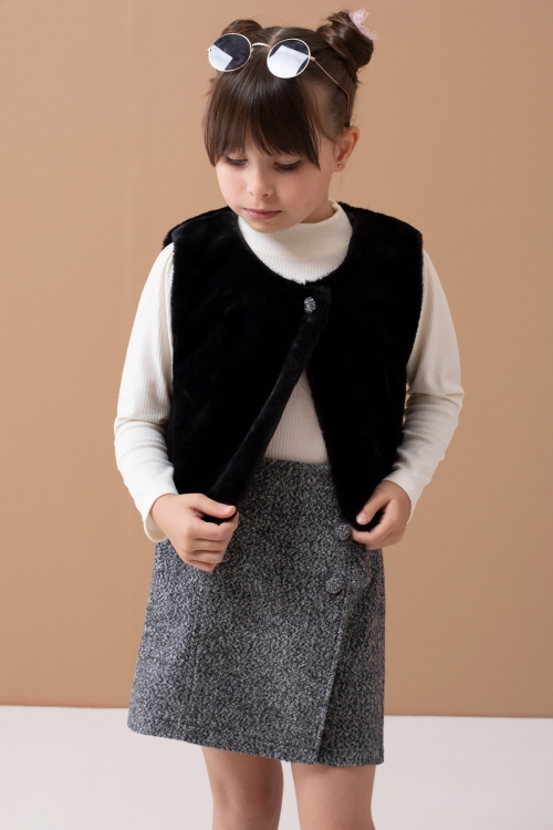 Siyah Peluş Yelekli Badili Kız Çocuk Şort Etekli Takım 19556