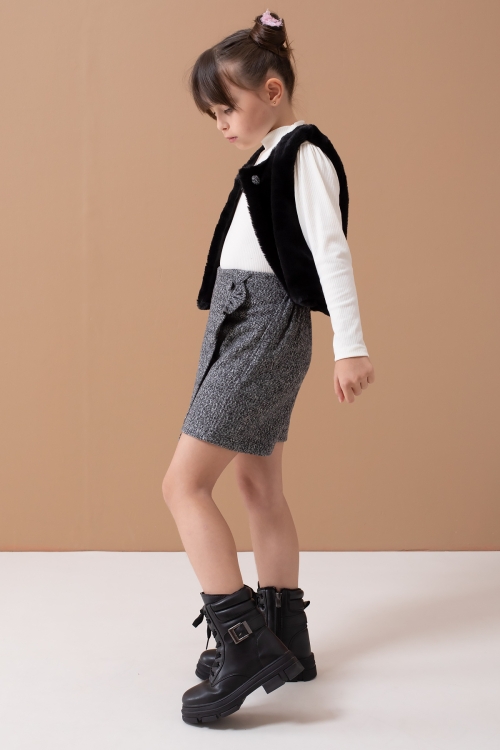 Siyah Peluş Yelekli Badili Kız Çocuk Şort Etekli Takım 19556