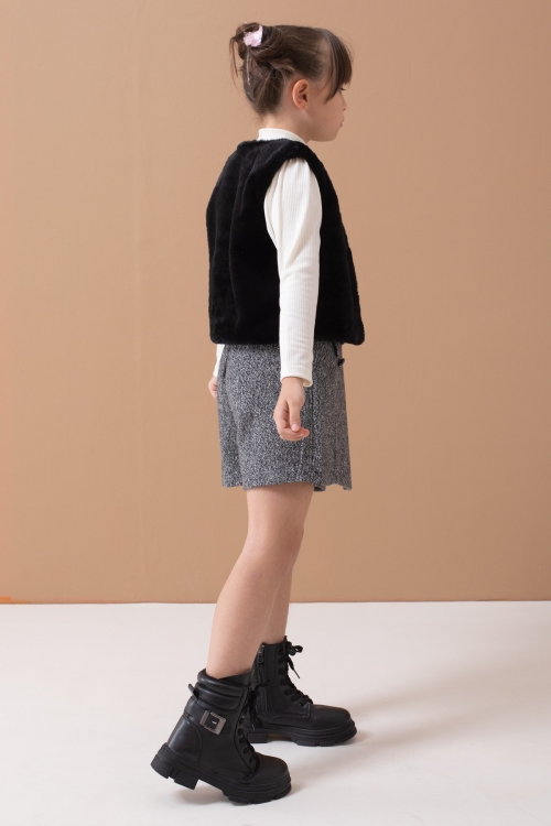 Siyah Peluş Yelekli Badili Kız Çocuk Şort Etekli Takım 19556