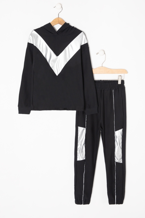 Siyah Reflektör Şeritli Kapüşonlu Kız Çocuk Eşofman Takımı 16319