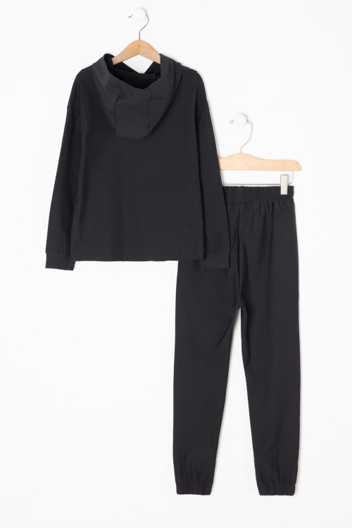 Siyah Reflektör Şeritli Kapüşonlu Kız Çocuk Eşofman Takımı 16319