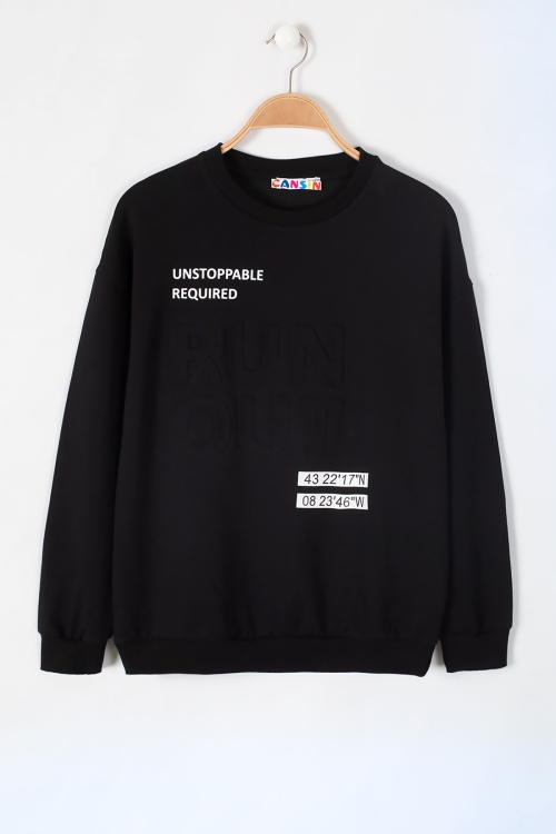 Siyah Run Kabartma Yazılı Bisiklet Yaka Erkek Çocuk Sweatshirt 19633