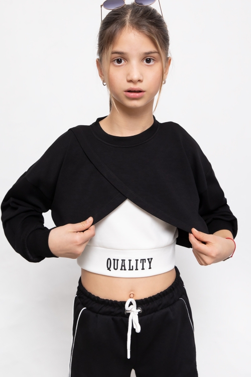 Siyah Şerit Detaylı Geniş Paça Croplu Kız Çocuk 3lü Takım 19840