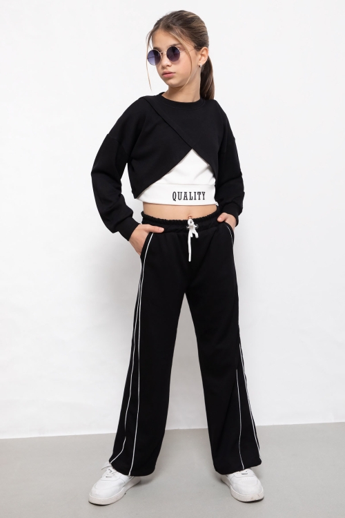 Siyah Şerit Detaylı Geniş Paça Croplu Kız Çocuk 3lü Takım 19840